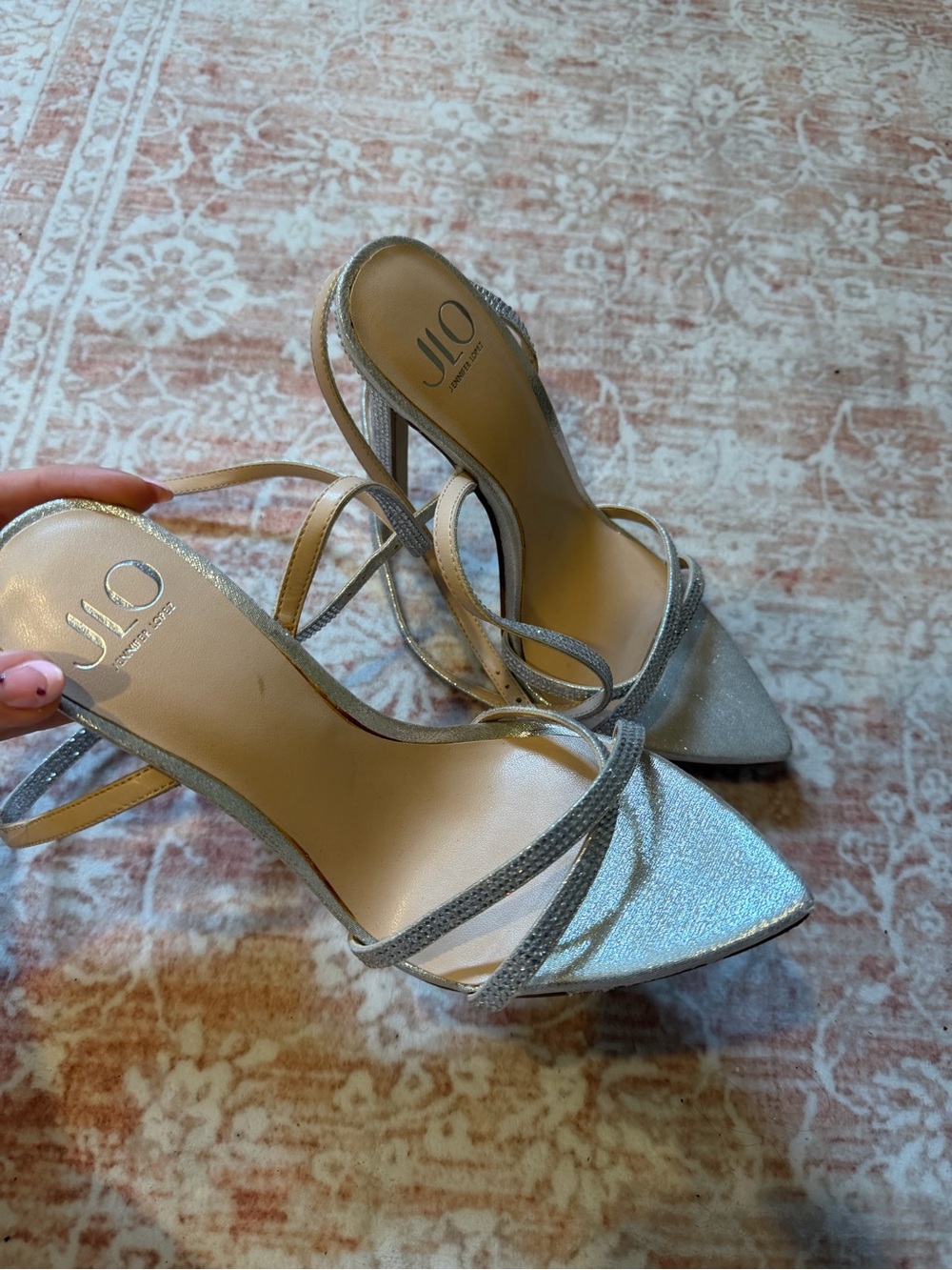 Jennifer Lopez Silver Glitter Strappy High Heel Sandals Size 6.5 - Picture 2 of 3